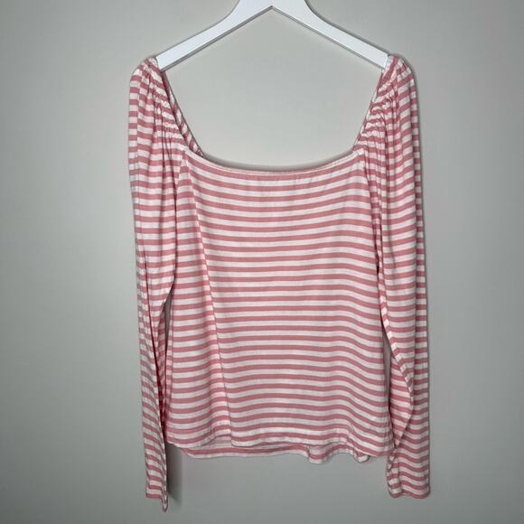 Boden | Square Neck Jersey Long Sleeve Stripe Pink White Size 16/18 - Picture 3 of 10